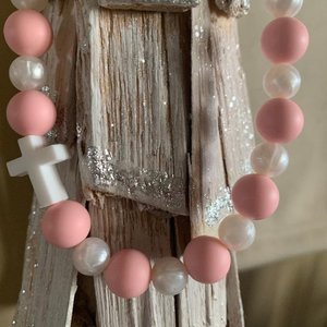 CROSS Play Necklace {PINK} - Silicone Pearl Beads, Girl Jewelry, Christian, Sensory, Fidget, Baptism Gift, Faith, Easter Basket