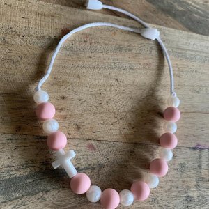 CROSS Play Necklace {PINK} - Silicone Pearl Beads, Girl Jewelry, Christian, Sensory, Fidget, Baptism Gift, Faith, Easter Basket