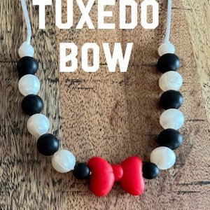 Necklace {tuxedo RED bow}- Play Silicone Pearl Beads, Girl Jewelry, Toddler Necklace, Kid Fidget, Sensory, Girl Gift, Travel, Vacation
