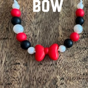 Necklace {classic RED bow} Play Silicone Pearl Beads, Girl Jewelry, Toddler Necklace, Kid Fidget, Sensory, Girl Gift, Travel, Vacation