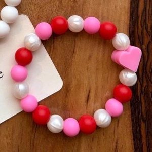 Bracelet Set {HEARTS}  - Kids Pearl Play Bracelet, Silicone Stretch Bracelet, Little Girl Gift, Sisters, Best Friends, Valentine's