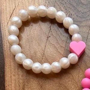 Bracelet Set {HEARTS}  - Kids Pearl Play Bracelet, Silicone Stretch Bracelet, Little Girl Gift, Sisters, Best Friends, Valentine's