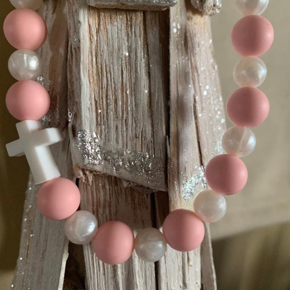 CROSS Play Necklace {PINK} - Silicone Pearl Beads, Girl Jewelry, Christian, Sensory, Fidget, Baptism Gift, Faith, Easter Basket