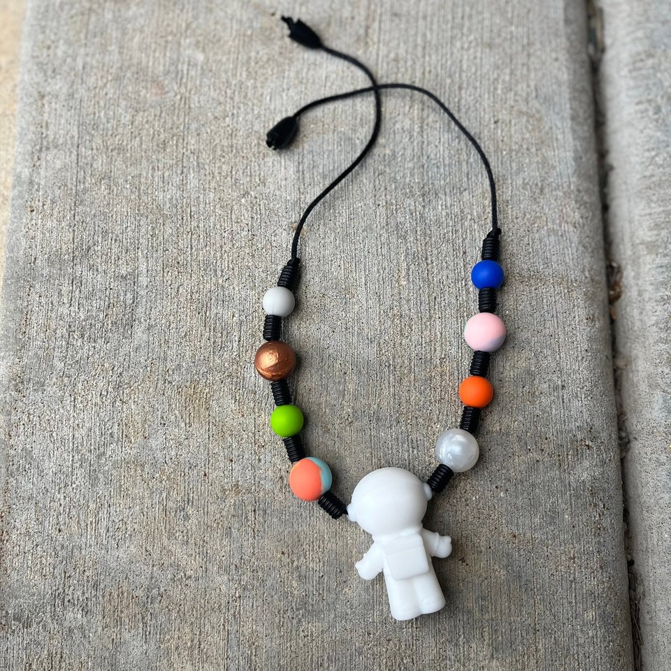 OUTERSPACE Fidget Necklace - Play Necklace Kids, Silicone Toy, Astronaut, Planets, Space, Boy Sensory Necklace, Fidget, Infiniti Beyond