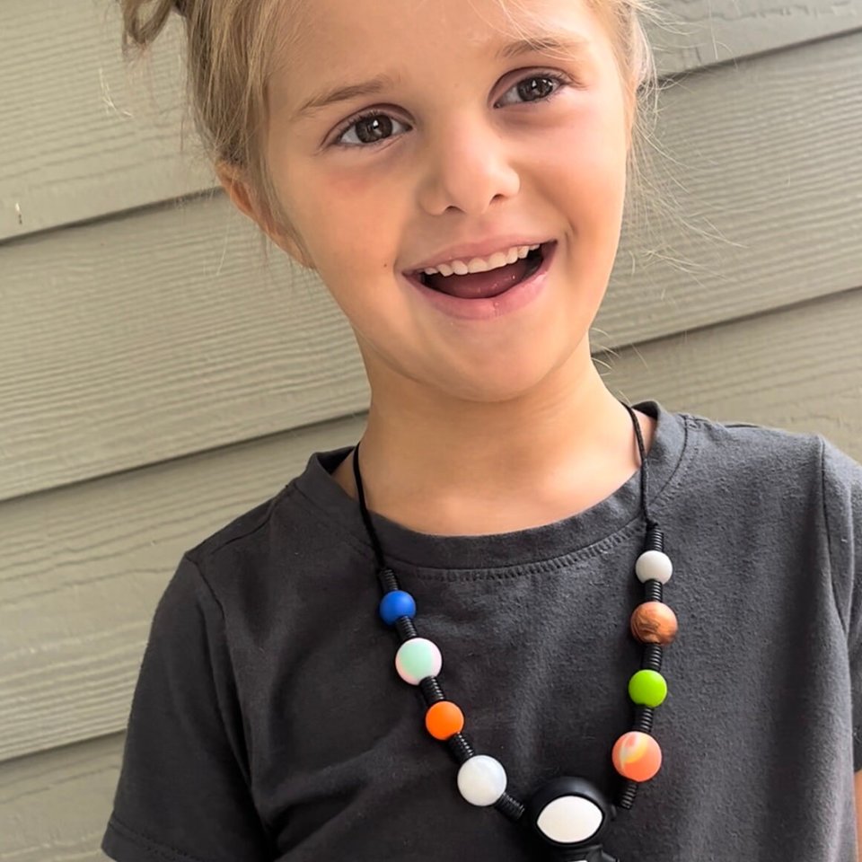 OUTERSPACE Fidget Necklace - Play Necklace Kids, Silicone Toy, Astronaut, Planets, Space, Boy Sensory Necklace, Fidget, Infiniti Beyond