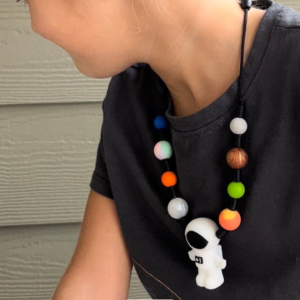 OUTERSPACE Fidget Necklace - Play Necklace Kids, Silicone Toy, Astronaut, Planets, Space, Boy Sensory Necklace, Fidget, Infiniti Beyond