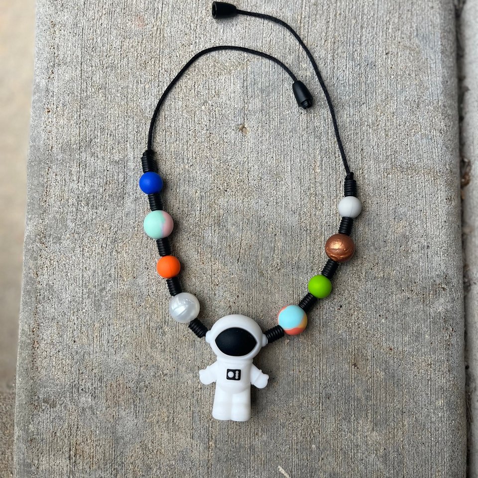 OUTERSPACE Fidget Necklace - Play Necklace Kids, Silicone Toy, Astronaut, Planets, Space, Boy Sensory Necklace, Fidget, Infiniti Beyond