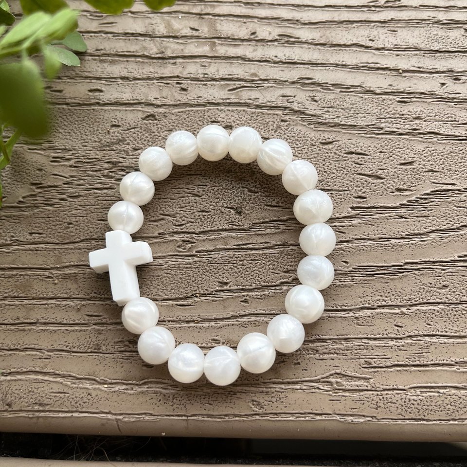 CROSS Bracelet {FULL PEARL} - Silicone Pearl Beads, Girl Jewelry, Christian, Stretch Jewels, Baptism Gift, Faith, Present