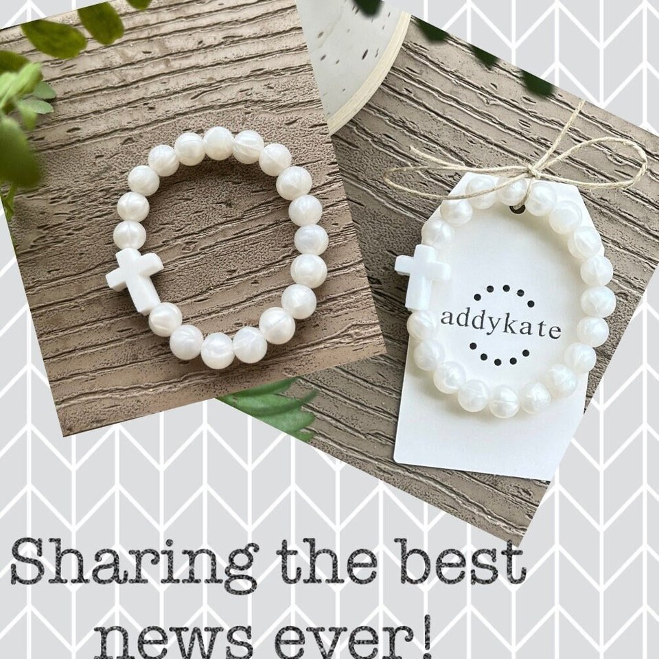CROSS Bracelet {FULL PEARL} - Silicone Pearl Beads, Girl Jewelry, Christian, Stretch Jewels, Baptism Gift, Faith, Present