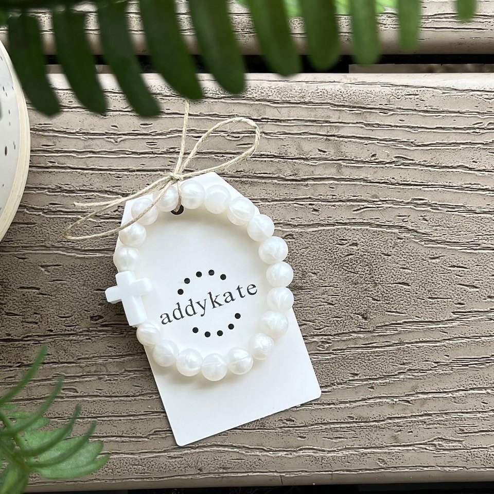 CROSS Bracelet {FULL PEARL} - Silicone Pearl Beads, Girl Jewelry, Christian, Stretch Jewels, Baptism Gift, Faith, Present