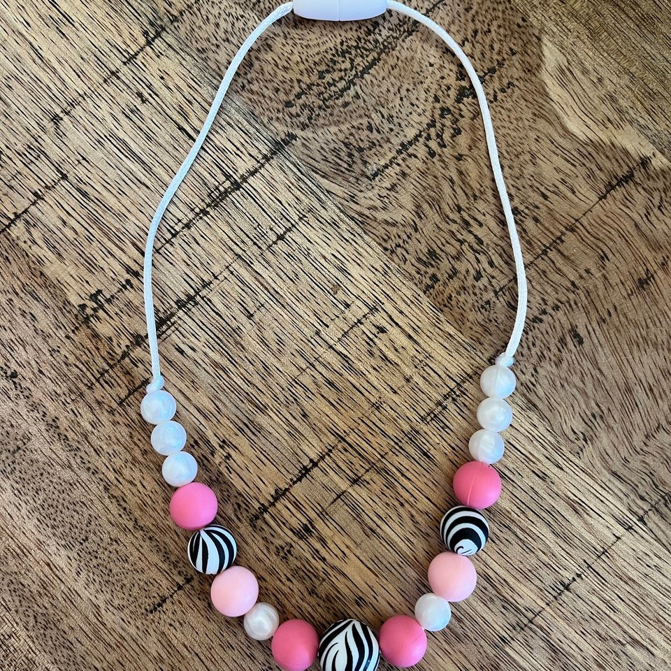 Play Necklace {ZEBRA} silicone bead fidget jewelry, breakaway clasp, travel accessory for kids, birthday gift, dress up