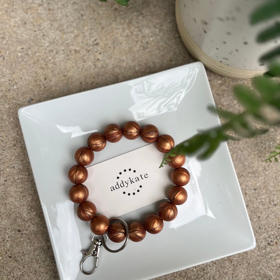 Keychain Wristlet {BRONZE} - Keyring Accessory, Silicone Beaded Stretch Bangle, Stretchy Bracelet Beads, Lobster Clasp Key Fob, Gift