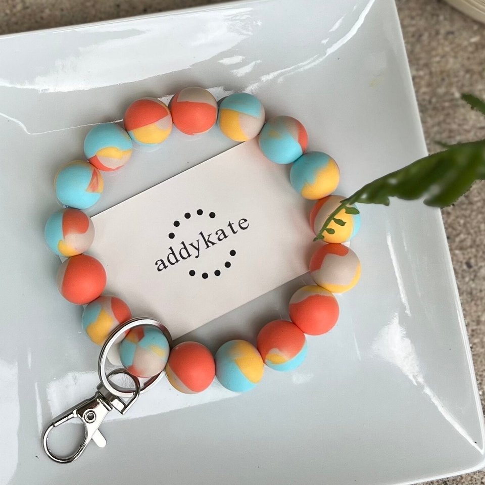 Keychain Wristlet {TANGERINE} - Keyring Accessory, Silicone Beaded Stretch Bangle, Stretchy Bracelet Beads, Lobster Clasp Key Fob, Gift
