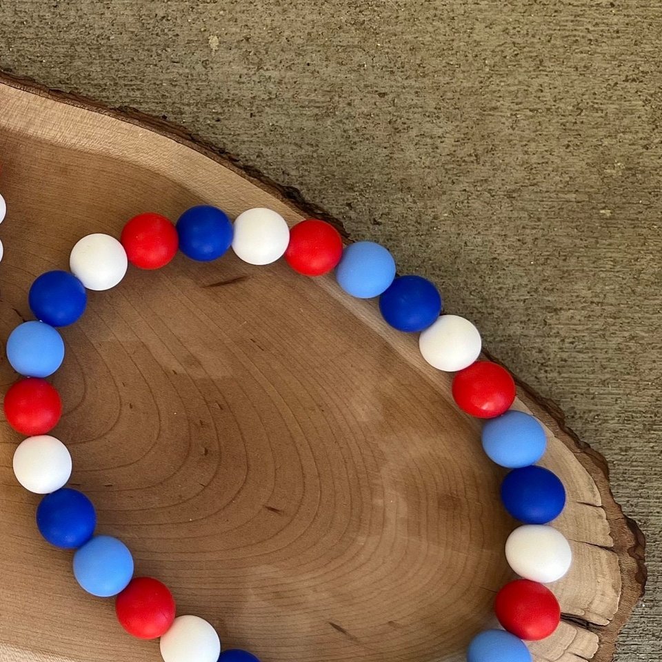 Designer Dog Necklace - Patriotic Pup, Red White Blue, Washable Silicone Beads, Elastic Stretch Cord, Americana, Unique Pet Gift, Photo Prop
