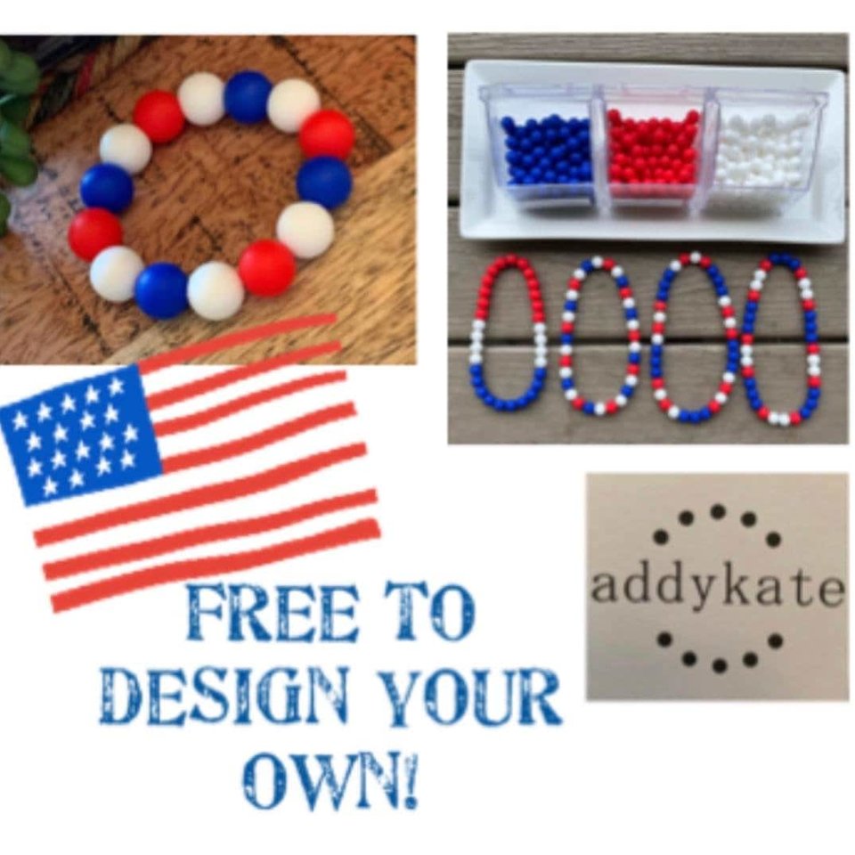 Designer Dog Necklace - Patriotic Pup, Red White Blue, Washable Silicone Beads, Elastic Stretch Cord, Americana, Unique Pet Gift, Photo Prop