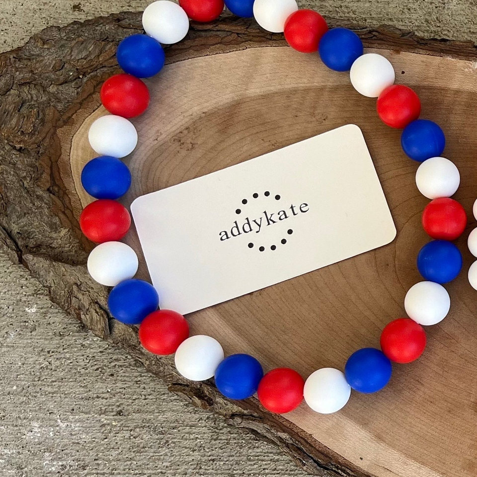 Designer Dog Necklace - Patriotic Pup, Red White Blue, Washable Silicone Beads, Elastic Stretch Cord, Americana, Unique Pet Gift, Photo Prop