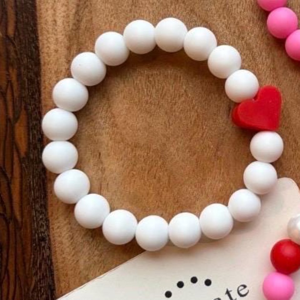 Bracelet Set {HEARTS}  - Kids Pearl Play Bracelet, Silicone Stretch Bracelet, Little Girl Gift, Sisters, Best Friends, Valentine's
