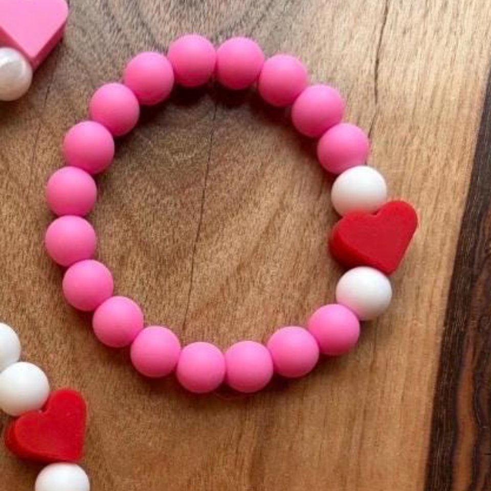 Bracelet Set {HEARTS}  - Kids Pearl Play Bracelet, Silicone Stretch Bracelet, Little Girl Gift, Sisters, Best Friends, Valentine's