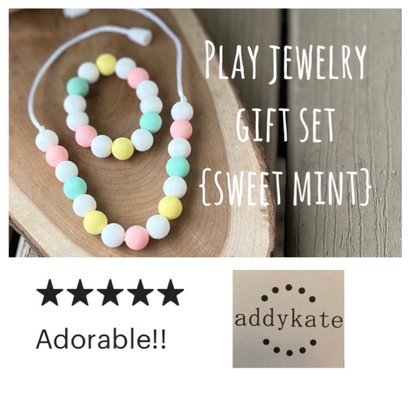 Play Jewelry Set {SWEETMINT} Silicone Necklace & Stretch Bracelet, Little Girl Gift, Princess, Dress Up Beads, Birthday, Toddler, Jewels