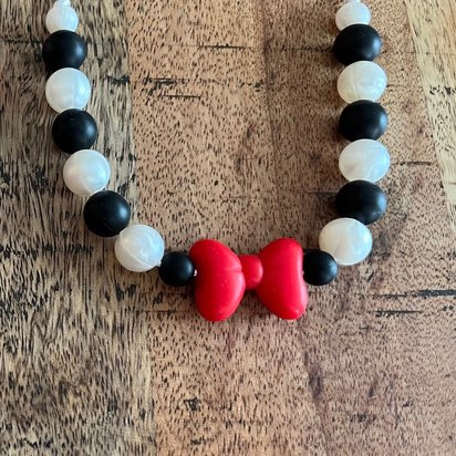 Necklace {tuxedo RED bow}- Play Silicone Pearl Beads, Girl Jewelry, Toddler Necklace, Kid Fidget, Sensory, Girl Gift, Travel, Vacation