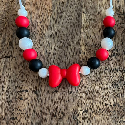 Necklace {classic RED bow} Play Silicone Pearl Beads, Girl Jewelry, Toddler Necklace, Kid Fidget, Sensory, Girl Gift, Travel, Vacation