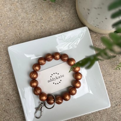 Keychain Wristlet {BRONZE} - Keyring Accessory, Silicone Beaded Stretch Bangle, Stretchy Bracelet Beads, Lobster Clasp Key Fob, Gift