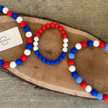 Designer Dog Necklace - Patriotic Pup, Red White Blue, Washable Silicone Beads, Elastic Stretch Cord, Americana, Unique Pet Gift, Photo Prop