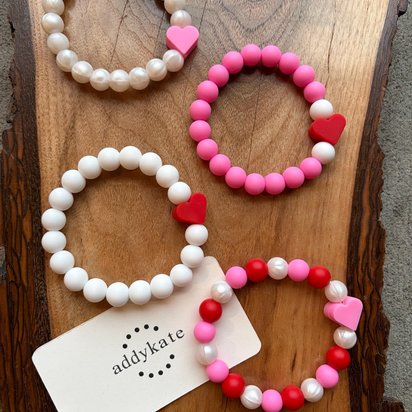 Bracelet Set {HEARTS}  - Kids Pearl Play Bracelet, Silicone Stretch Bracelet, Little Girl Gift, Sisters, Best Friends, Valentine's